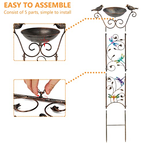 LEWIS&WAYNE Garden Trellis Bird Bath Outdoor, 43.5 Inch Antique Iron Garden Plant Trellis Decorative with Dragonfly and Detachable Drinking Basin Bowl, Free Standing BirdBath Birdfeeder Station