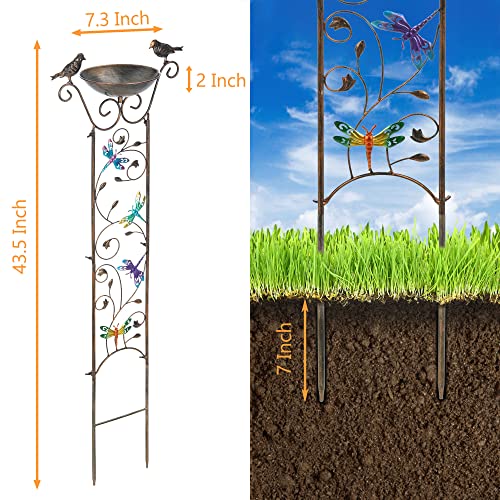 LEWIS&WAYNE Garden Trellis Bird Bath Outdoor, 43.5 Inch Antique Iron Garden Plant Trellis Decorative with Dragonfly and Detachable Drinking Basin Bowl, Free Standing BirdBath Birdfeeder Station