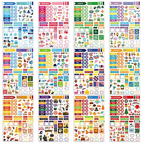 24 Sheets Aesthetic Assorted Planner Stickers Monthly Daily Calendar Seasonal Stickers Colored Journaling Holiday Stickers with General Events for Planning Women Adults Scrapbook 1000+ Stickers