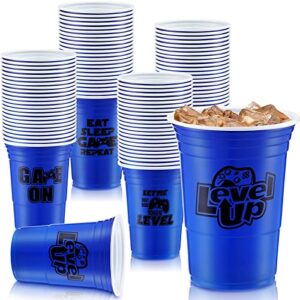 48 pcs disposable video game party plastic cups, 16 oz blue video game party favors plastic stadium cups, hot cold drinks for kids gamer birthday video game party decorations, 4 design