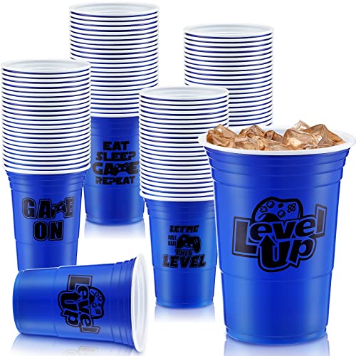 48 Pcs Disposable Video Game Party Plastic Cups, 16 oz Blue Video Game Party Favors Plastic Stadium Cups, Hot Cold Drinks for Kids Gamer Birthday Video Game Party Decorations, 4 Design