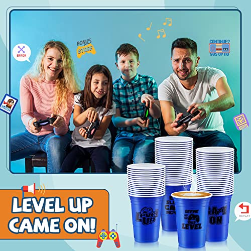 48 Pcs Disposable Video Game Party Plastic Cups, 16 oz Blue Video Game Party Favors Plastic Stadium Cups, Hot Cold Drinks for Kids Gamer Birthday Video Game Party Decorations, 4 Design