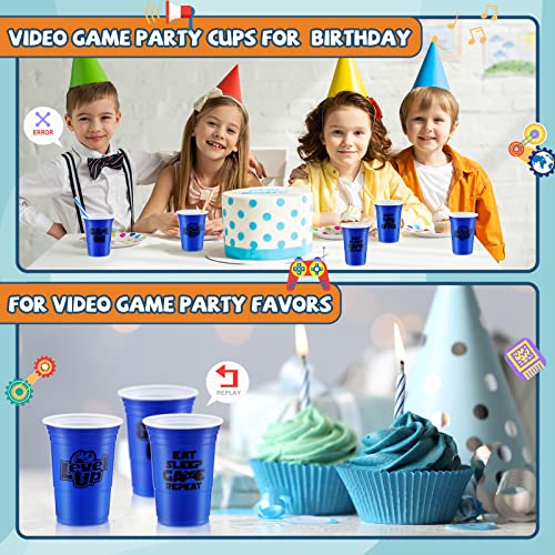 48 Pcs Disposable Video Game Party Plastic Cups, 16 oz Blue Video Game Party Favors Plastic Stadium Cups, Hot Cold Drinks for Kids Gamer Birthday Video Game Party Decorations, 4 Design