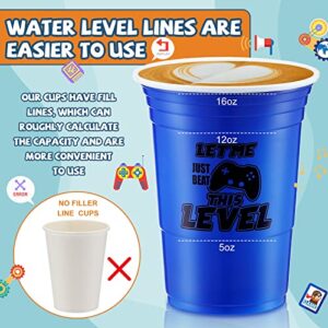 48 Pcs Disposable Video Game Party Plastic Cups, 16 oz Blue Video Game Party Favors Plastic Stadium Cups, Hot Cold Drinks for Kids Gamer Birthday Video Game Party Decorations, 4 Design