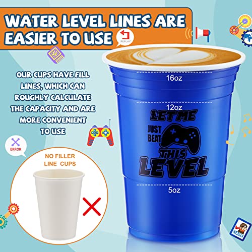 48 Pcs Disposable Video Game Party Plastic Cups, 16 oz Blue Video Game Party Favors Plastic Stadium Cups, Hot Cold Drinks for Kids Gamer Birthday Video Game Party Decorations, 4 Design