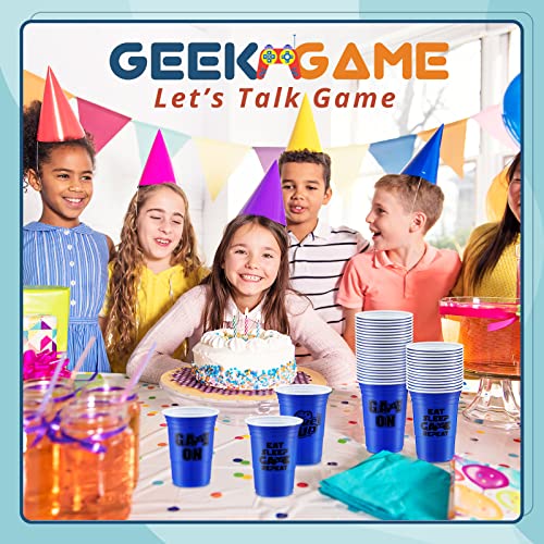 48 Pcs Disposable Video Game Party Plastic Cups, 16 oz Blue Video Game Party Favors Plastic Stadium Cups, Hot Cold Drinks for Kids Gamer Birthday Video Game Party Decorations, 4 Design