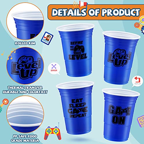 48 Pcs Disposable Video Game Party Plastic Cups, 16 oz Blue Video Game Party Favors Plastic Stadium Cups, Hot Cold Drinks for Kids Gamer Birthday Video Game Party Decorations, 4 Design