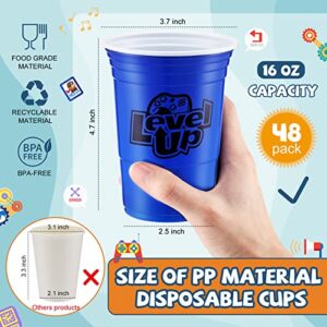 48 Pcs Disposable Video Game Party Plastic Cups, 16 oz Blue Video Game Party Favors Plastic Stadium Cups, Hot Cold Drinks for Kids Gamer Birthday Video Game Party Decorations, 4 Design