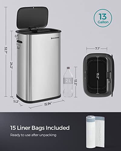 SONGMICS Motion Sensor Trash Can, 13 Gallon Automatic Garbage Can with Soft-Close Lid and Bag Retainer Ring, Stainless Steel, Touchless Kitchen Trash Bin, 15 Trash Bags Included, Silver ULTB610E50