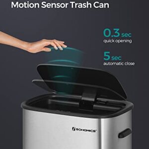 SONGMICS Motion Sensor Trash Can, 13 Gallon Automatic Garbage Can with Soft-Close Lid and Bag Retainer Ring, Stainless Steel, Touchless Kitchen Trash Bin, 15 Trash Bags Included, Silver ULTB610E50