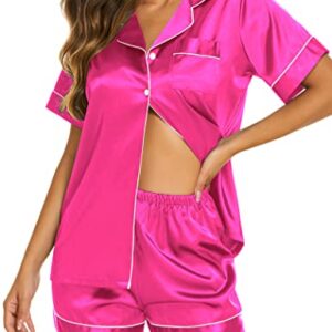 Ekouaer Pajamas Womens Satin Button Up Pjs Silk Short Sleeve Top with Shorts Set Summer 2 Piece Loungewear Rose Red,M