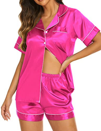 Ekouaer Pajamas Womens Satin Button Up Pjs Silk Short Sleeve Top with Shorts Set Summer 2 Piece Loungewear Rose Red,M