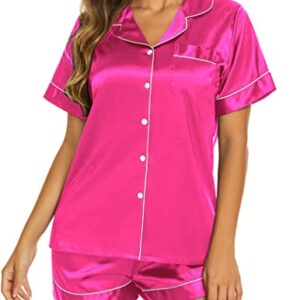 Ekouaer Pajamas Womens Satin Button Up Pjs Silk Short Sleeve Top with Shorts Set Summer 2 Piece Loungewear Rose Red,M