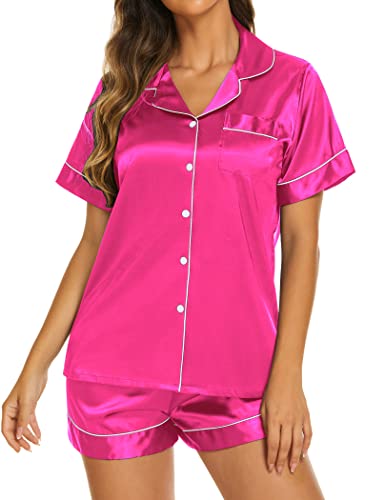 Ekouaer Pajamas Womens Satin Button Up Pjs Silk Short Sleeve Top with Shorts Set Summer 2 Piece Loungewear Rose Red,M