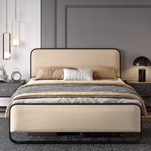 sha cerlin full size platform metal bed frame with curved upholstered headboard and footboard, large under bed storage, no box spring needed, modern, beige