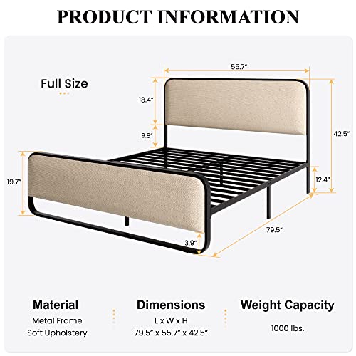 SHA CERLIN Full Size Platform Metal Bed Frame with Curved Upholstered Headboard and Footboard, Large Under Bed Storage, No Box Spring Needed, Modern, Beige