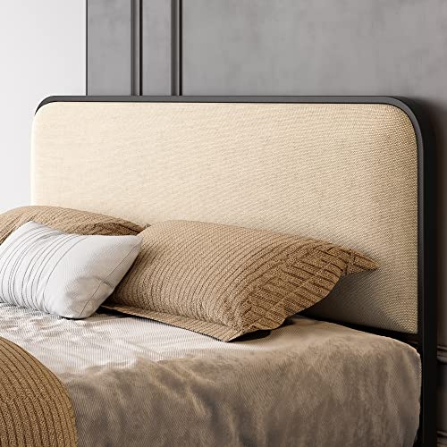 SHA CERLIN Full Size Platform Metal Bed Frame with Curved Upholstered Headboard and Footboard, Large Under Bed Storage, No Box Spring Needed, Modern, Beige