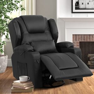 vuyuyu manual recliner chair, faux leather 360 degree swivel rocker recliner chairs for living room, home theater single sofa seat with drink holders/lumbar pillow/side pockets (black) xp7066