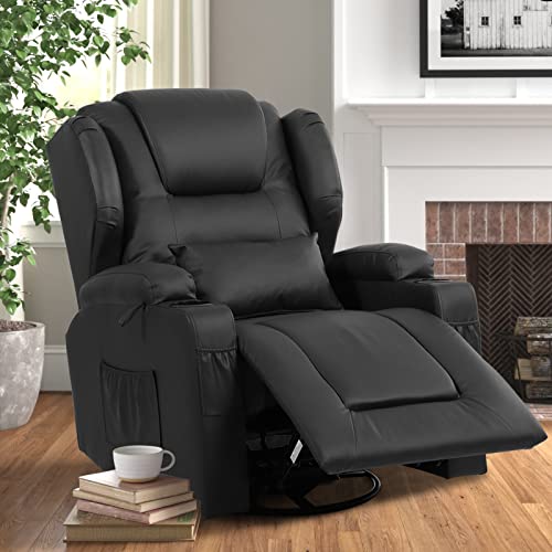 VUYUYU Manual Recliner Chair, Faux Leather 360 Degree Swivel Rocker Recliner Chairs for Living Room, Home Theater Single Sofa Seat with Drink Holders/Lumbar Pillow/Side Pockets (Black) XP7066