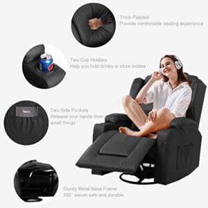 VUYUYU Manual Recliner Chair, Faux Leather 360 Degree Swivel Rocker Recliner Chairs for Living Room, Home Theater Single Sofa Seat with Drink Holders/Lumbar Pillow/Side Pockets (Black) XP7066