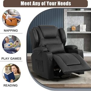 VUYUYU Manual Recliner Chair, Faux Leather 360 Degree Swivel Rocker Recliner Chairs for Living Room, Home Theater Single Sofa Seat with Drink Holders/Lumbar Pillow/Side Pockets (Black) XP7066