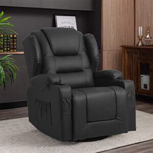 VUYUYU Manual Recliner Chair, Faux Leather 360 Degree Swivel Rocker Recliner Chairs for Living Room, Home Theater Single Sofa Seat with Drink Holders/Lumbar Pillow/Side Pockets (Black) XP7066