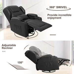 VUYUYU Manual Recliner Chair, Faux Leather 360 Degree Swivel Rocker Recliner Chairs for Living Room, Home Theater Single Sofa Seat with Drink Holders/Lumbar Pillow/Side Pockets (Black) XP7066