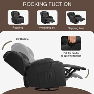 VUYUYU Manual Recliner Chair, Faux Leather 360 Degree Swivel Rocker Recliner Chairs for Living Room, Home Theater Single Sofa Seat with Drink Holders/Lumbar Pillow/Side Pockets (Black) XP7066