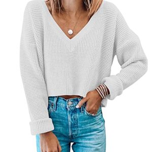 women's cropoed sweaters v neck long sleeve waffle knit tops casual solid crop pullover sweaters white m