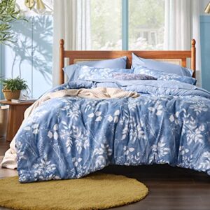 bedsure queen comforter set - 7 pieces blue floral bedding sets queen bed in a bag with reversible botanical flowers comforter, sheets, pillowcases & shams