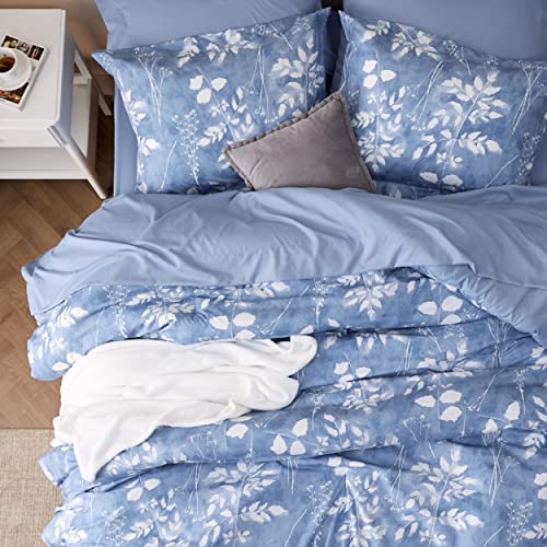 Bedsure Queen Comforter Set - 7 Pieces Blue Floral Bedding Sets Queen Bed in a Bag with Reversible Botanical Flowers Comforter, Sheets, Pillowcases & Shams