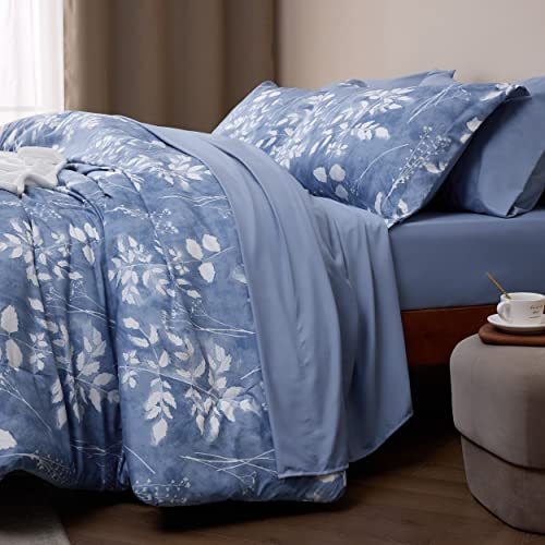 Bedsure Queen Comforter Set - 7 Pieces Blue Floral Bedding Sets Queen Bed in a Bag with Reversible Botanical Flowers Comforter, Sheets, Pillowcases & Shams