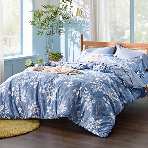 Bedsure Queen Comforter Set - 7 Pieces Blue Floral Bedding Sets Queen Bed in a Bag with Reversible Botanical Flowers Comforter, Sheets, Pillowcases & Shams