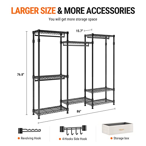 ACMETOP Portable Wardrobe Closet, 86 Inch Heavy Duty Clothes Rack for Hanging Clothes Free Standing Closet with 4 Hang Rods, 8 Shelves, 1 Storage Box & 2 Adjustable Side Hooks, Max Load 800LBS