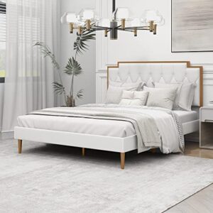 agartt upholstered platform queen size bed frame with headboard premium stable wood slat support no box spring required cream