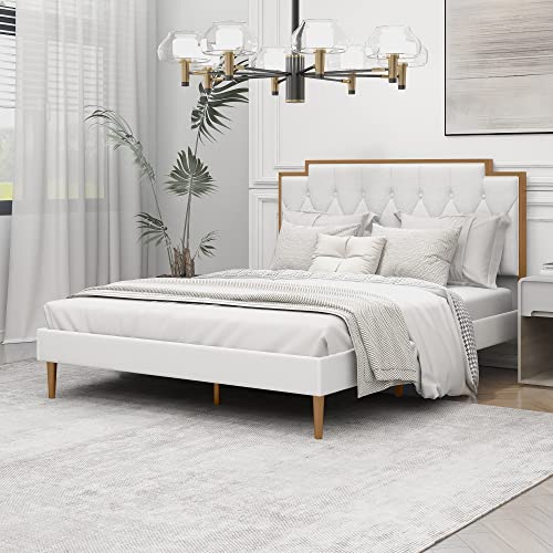 AGARTT Upholstered Platform Queen Size Bed Frame with Headboard Premium Stable Wood Slat Support No Box Spring Required Cream