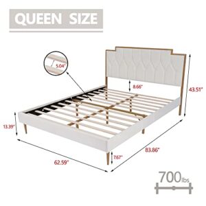 AGARTT Upholstered Platform Queen Size Bed Frame with Headboard Premium Stable Wood Slat Support No Box Spring Required Cream