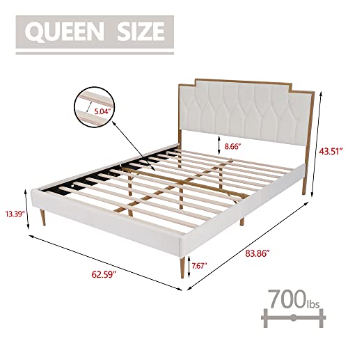 AGARTT Upholstered Platform Queen Size Bed Frame with Headboard Premium Stable Wood Slat Support No Box Spring Required Cream