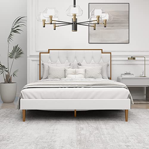 AGARTT Upholstered Platform Queen Size Bed Frame with Headboard Premium Stable Wood Slat Support No Box Spring Required Cream