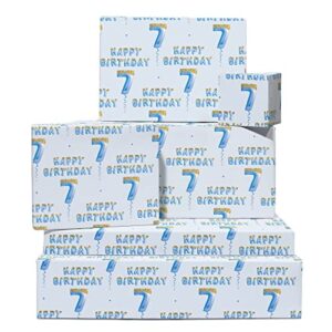 central 23 boys wrapping paper birthday - age seven - 6 sheets blue gift wrap - happy birthday wrapping paper for his 7th birthday - comes with stickers - recyclable