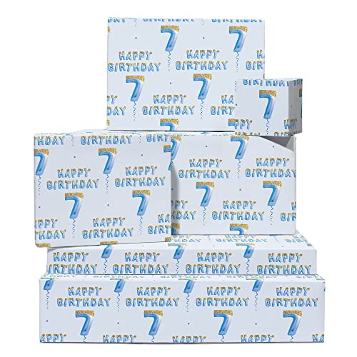 CENTRAL 23 Boys Wrapping Paper Birthday - Age Seven - 6 Sheets Blue Gift Wrap - Happy Birthday Wrapping Paper For His 7th Birthday - Comes With Stickers - Recyclable