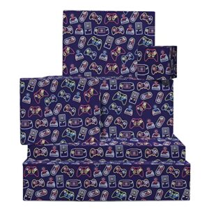 central 23 video game wrapping paper - 6 black gift wrap sheets with tags - neon lights gamer - boys wrapping paper - recyclable