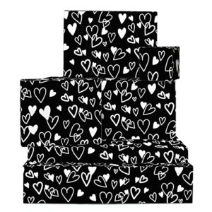 central 23 black wrapping paper - for birthday anniversary valentine - 6 sheets gift wrap - heart wrapping paper - for men women him her - recyclable