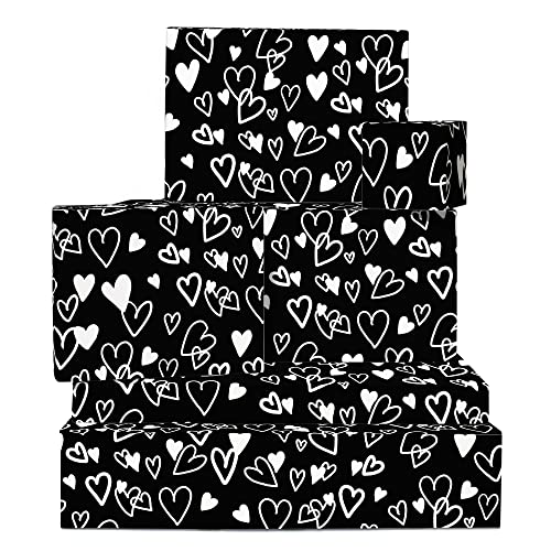 CENTRAL 23 Black Wrapping Paper - For Birthday Anniversary Valentine - 6 Sheets Gift Wrap - Heart Wrapping Paper - For Men Women Him Her - Recyclable