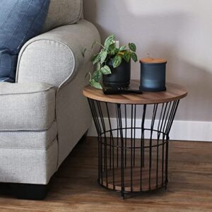 sunnydaze 17.25-inch h modern pedestal wire side table with faux woodgrain pull-open tabletop - brown