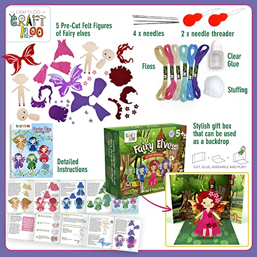 CRAFTILOO Fairy Elves Sewing Kit for Kids, Fun and Educational Fairytale Craft Set for Boys and Girls Age 7-12, Sew Your Own Felt Fairy Craft Kit for Beginners (Garden Rainbow Fairies Kit)