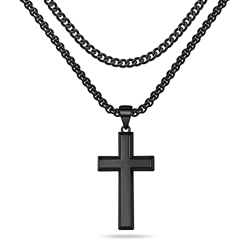 Fathers Day Cross Necklaces Gifts for Men,Gifts for Dad,Stainless Steel Black Chain Cross Pendant Necklace for Men Boy Cuban Link Chains for Men Jewelry Mens Cross Chain Box Chain 20 Inches Mens Gifts