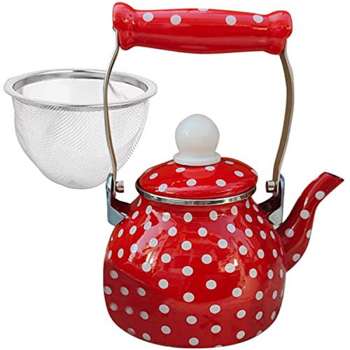 KICHOUSE Pot Carafes Coffee Loose with on Enameled Kettle for Floral Infuser Teapot Handle Oz Dot Red Boiling Microwave Blooming Kitchen Removable Tea Household Enamel Pourer Glass Tea Kettle