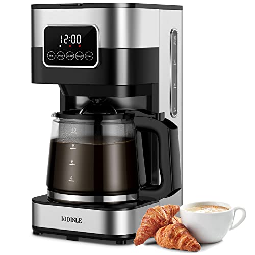 KIDISLE Programmable Coffee Maker, 10-Cup Drip Coffee Machine with Touch Screen, Glass Carafe, Reusable Filter, Warming Plate, Regular & Strong Brew for Home and Office, Black