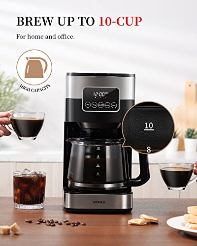 KIDISLE Programmable Coffee Maker, 10-Cup Drip Coffee Machine with Touch Screen, Glass Carafe, Reusable Filter, Warming Plate, Regular & Strong Brew for Home and Office, Black